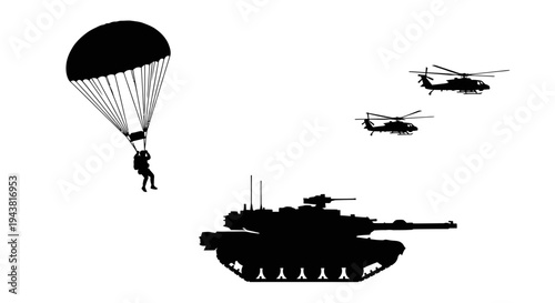 Military Paratrooper Descends Near Tank and Helicopters