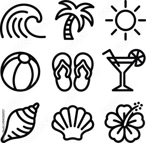 Beach icon set with various summer symbols and illustrations