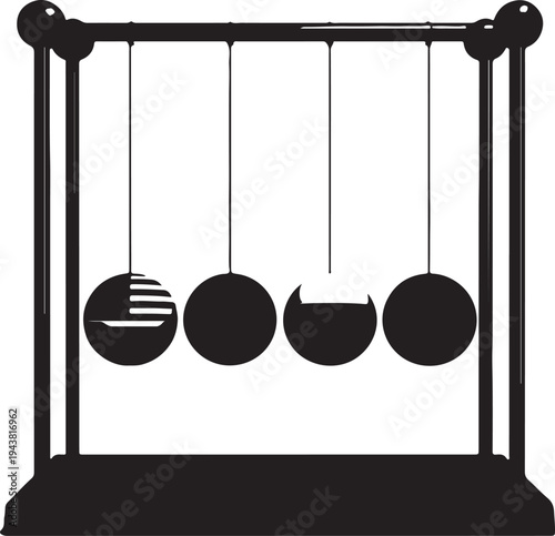 A black and white illustration of a newton's cradle with four swinging spheres