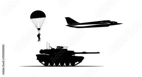 Military Paratrooper, Fighter Jet, and Tank Silhouette - Airborne and Ground Combat