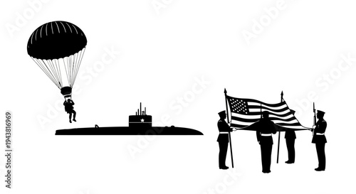 Military Paratrooper, Submarine, and Honor Guard with American Flag