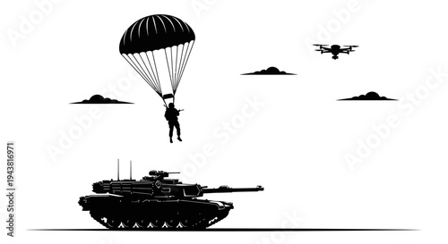 Military Paratrooper Descends Towards Tank with Drone Overhead