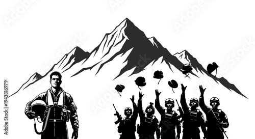 Military Paratroopers Jumping From Plane With Mountain Background