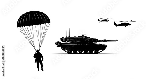 Military Paratrooper, Tank, and Helicopters Silhouette - Airborne Assault Concept