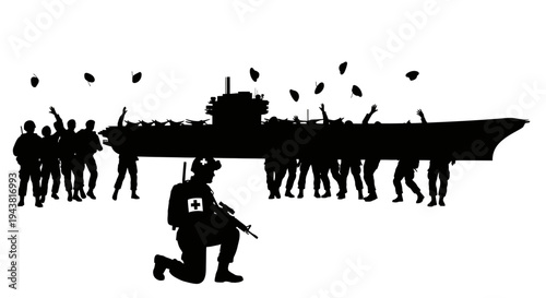 Military personnel celebrate, throwing hats in the air, with aircraft carrier silhouette and soldier in foreground.