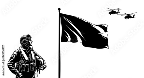 Military Pilot, Flag, and Helicopters in Silhouette - Air Force Power
