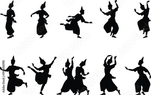 Traditional classical dance silhouettes, cultural performers in dynamic poses, folk choreography vector illustration isolated on white background for stock design