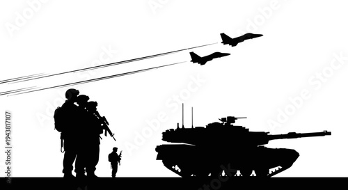 Military Silhouette: Soldiers, Tank, and Fighter Jets in Formation