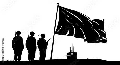 Military Silhouette: Soldiers, Submarine, and Flag on Hilltop