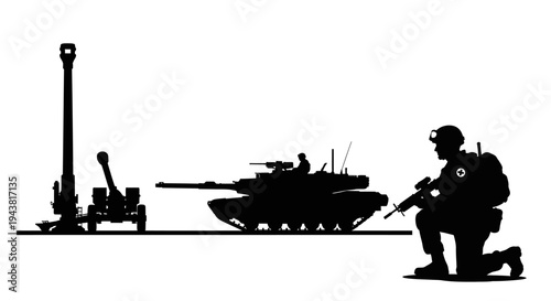 Military Silhouette: Tank, Artillery, Soldier in Combat Stance