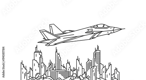 Modern Fighter Jet Flying Over Futuristic City Skyline