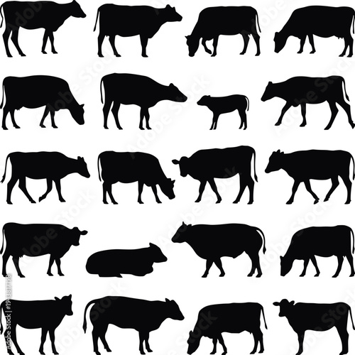 Cow silhouette collection set, cattle and calf farm animals in different poses, livestock vector icons isolated, agricultural dairy herd illustration for ranch and farming design