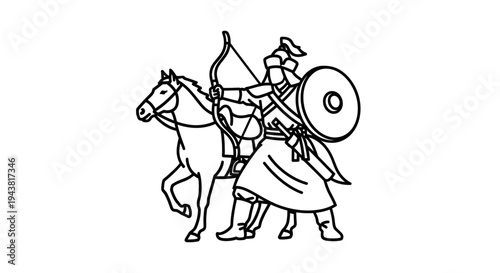 Mongol Warrior on Horseback with Bow and Shield, Ancient Military Scene