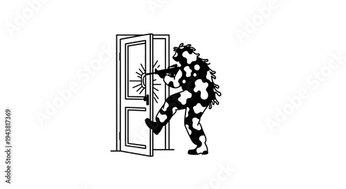 Monster Breaking Through Door with Drill, Abstract Art, Surreal, Chaos