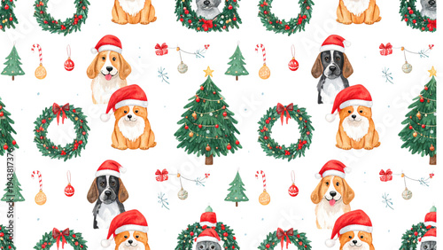Seamless Repeating Vector Christmas and Holiday Pattern Featuring Cute Dogs and Cats in Santa Hats, Decorated with Festive Wreaths, Christmas Trees, Hanging Ornaments, and Holly