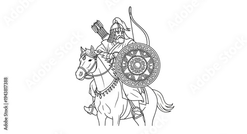 Mongol Warrior on Horseback with Bow and Shield - Line Art