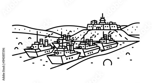 Naval Fleet Anchored Near Coastal Fortress, Stylized Line Art Illustration