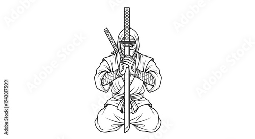 Ninja Warrior Kneeling with Swords, Traditional Japanese Warrior, Martial Arts, Stealth, Combat