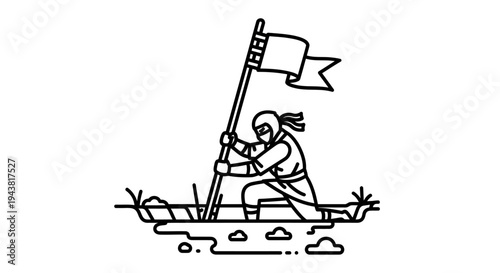 Ninja Warrior Planting Flag in Muddy Terrain, Symbolizing Victory and Perseverance