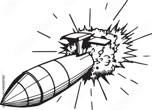 A detailed illustration of a missile launch with explosive force and debris