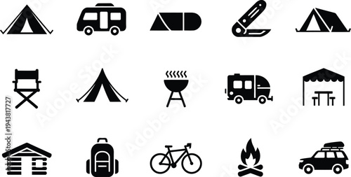 Black silhouettes of camping and outdoor adventure icons and symbols on white background