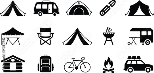 Camping and outdoor recreation icons for travel and adventure activities  outdoor gear and vehicles