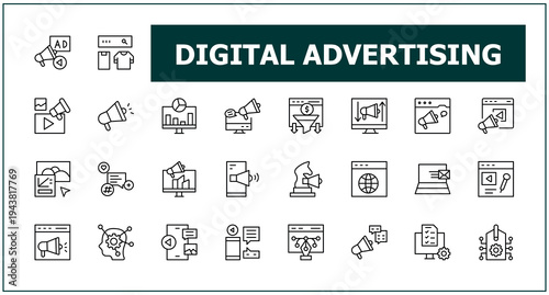 Advertising icon set. website, business, social, media and more. Digital Marketing icon set. Outline icons pack. Vector illustration. Pixel perfect.