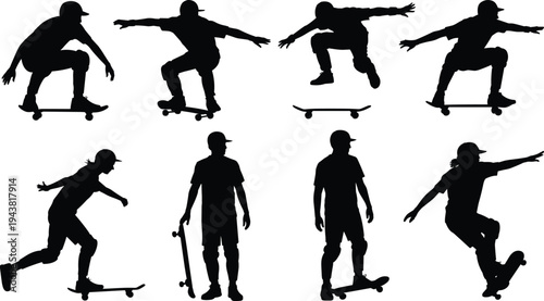 Skateboarder silhouettes set vector illustration, skateboarding tricks collection isolated on white background, extreme sport action poses bundle