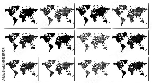 World map set with various black and white patterns and textures applied featuring globe, geography, illustration with