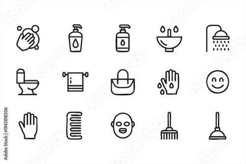 Minimal Bathroom Hygiene Line Icon Set with Cleaning and Sanitation Symbols