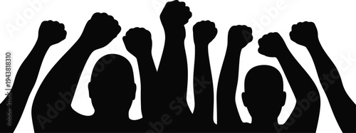 Black silhouette of people with fists raised in protest or celebration together in unity and solidarity one sentence
