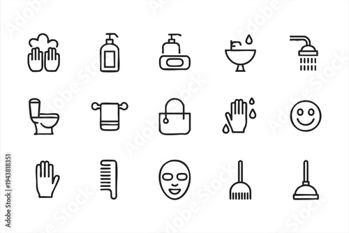 Black Outline Hygiene and Bathroom Cleaning Icons for UI and Infographics