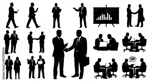 Businessmen black silhouette set with various office interactions and presentations featuring businessman,