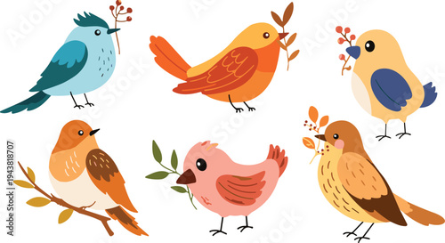Cute colorful cartoon birds collection holding leaves and berries, adorable bird characters set for nature, children design, wildlife illustration, nursery decor and spring theme.