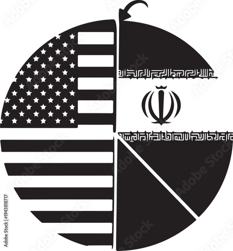 A globe divided into two halves with the flags of the united states and iran