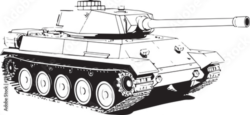 A detailed line drawing of a historical military tank showcasing intricate design features.