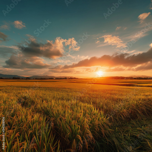 Ripe rice field at sunset time with sky background and sun rays. 