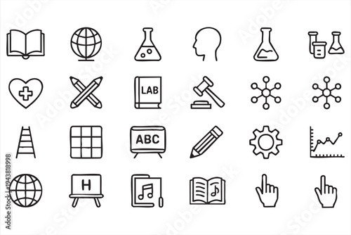 Minimal Education and Science Line Icon Set with Book Globe and Lab Tools