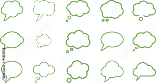 Green speech bubbles and thought clouds in various shapes and sizes on white background