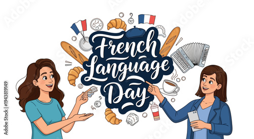 Illustration of two women celebrating French Language Day with a colorful design and various cultural symbols around them.