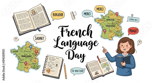 Illustration of a woman celebrating French Language Day with educational elements and maps, conveying a cultural awareness and learning mood.
