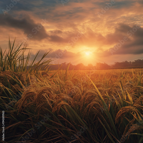 Ripe rice field at sunset time with sky background and sun rays. 
