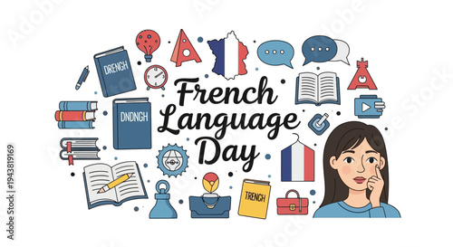 Illustration of a thoughtful woman surrounded by French Language Day icons and symbols on a white background with a celebratory and educational mood.