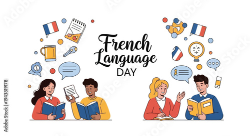 Illustration of diverse students celebrating French Language Day with books and speech bubbles in a colorful design.