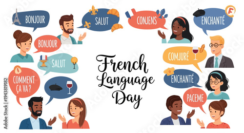 Illustration of diverse people celebrating French Language Day with speech bubbles in a colorful and lively design.