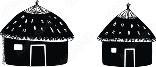 Traditional African hut houses vector illustration, rural village dwelling symbols with thatched roofs, tribal architecture icons isolated white