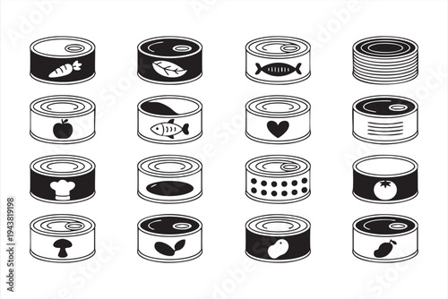 Food Can Packaging Icons for Grocery and Kitchen Product Graphics