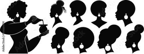 African woman silhouette collection, afro hairstyles profiles, traditional beauty culture illustration, black female identity art isolated on white background