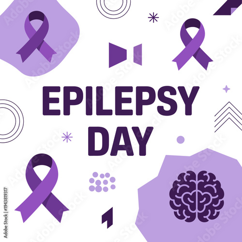 Epilepsy awareness purple ribbon and brain illustration for Epilepsy Day