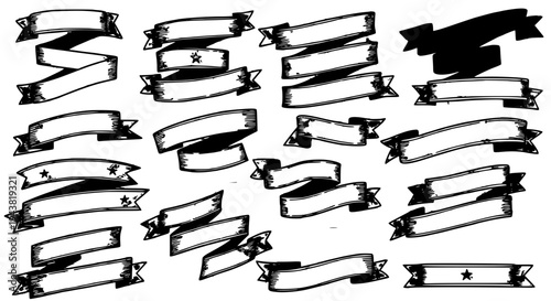 Ribbons hand drawn set with black banners and ribbons with star designs and various shapes and sizes